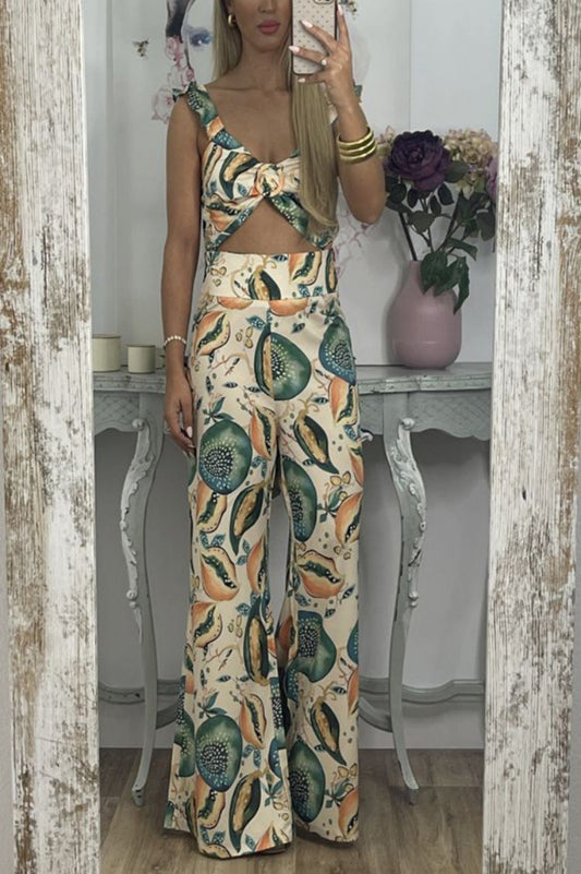 Women Printed Casual Sling Top Trousers Two Piece Set