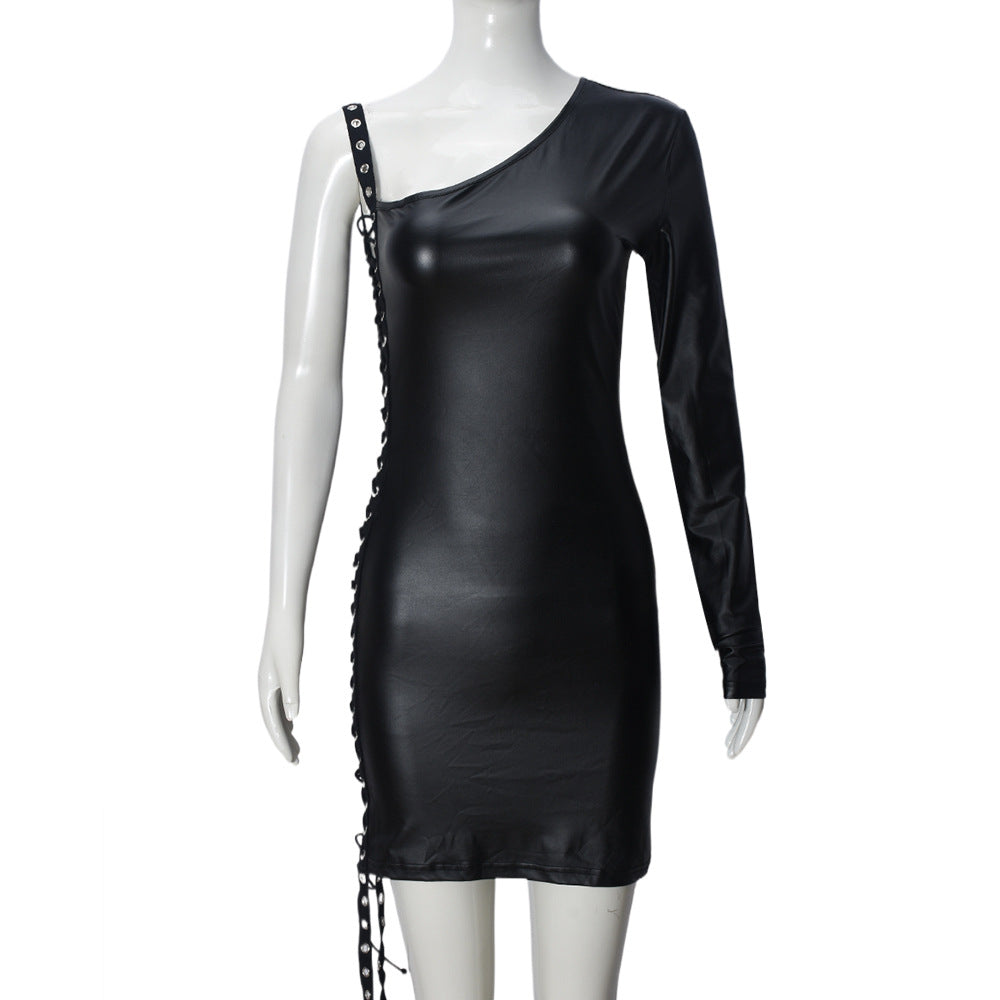 Vestido de mujer con cuello en diagonal, cinta, aberturas, tirantes, un solo lado, manga larga, jersey de cadera para mujer