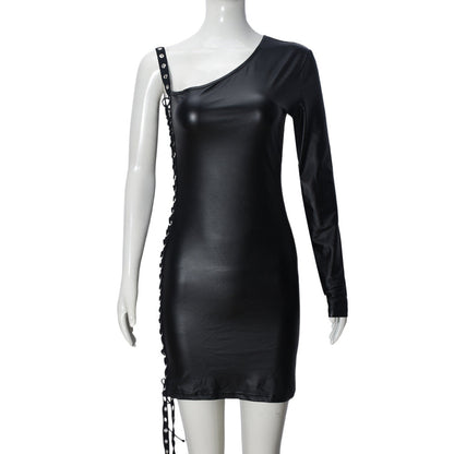 Vestido de mujer con cuello en diagonal, cinta, aberturas, tirantes, un solo lado, manga larga, jersey de cadera para mujer