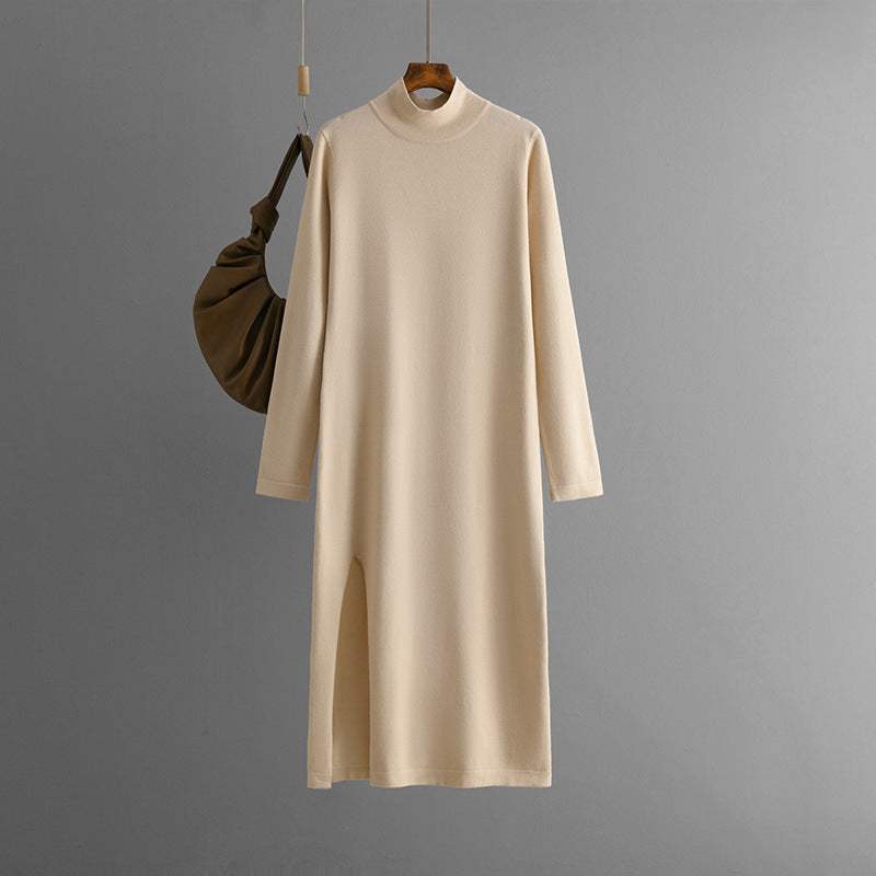 Vestido de punto de cuello alto para mujer, otoño e invierno, color liso, con abertura, manga larga, pantalones de fondo, ropa interior, vestido de lana