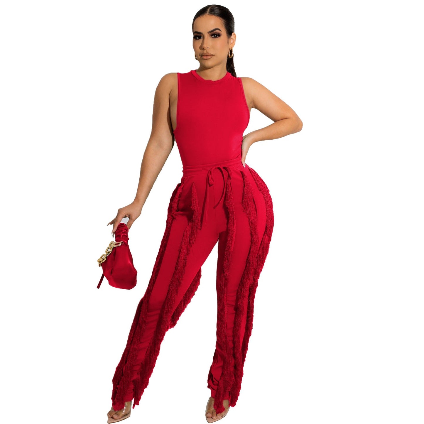 Conjunto de dos piezas para mujer, pantalón con borlas, sin mangas, informal, de encaje, sexy, para verano