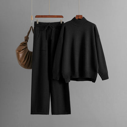 Traje de punto resistente al frío para mujer, suéter grueso y holgado, cuello medio alto, manga larga, traje de dos piezas para mujer