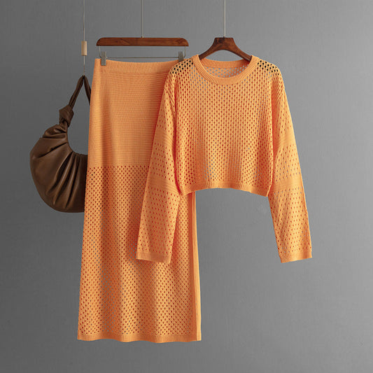 Conjunto de dos piezas de suéter con aberturas y falda larga de verano para mujer