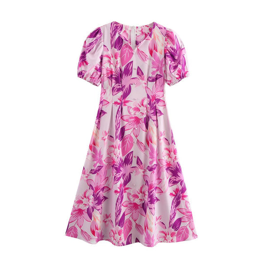 Vestido minimalista de manga corta con estampado elástico para mujer de primavera