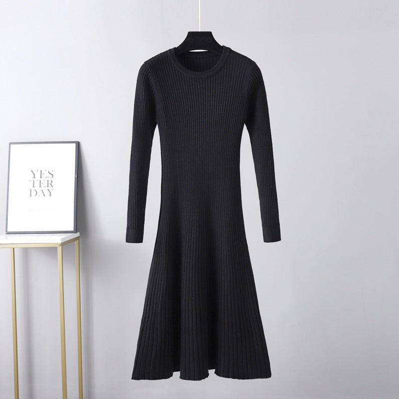 Vestido ajustado de otoño-invierno para mujer, vestido de longitud media, cuello redondo, color liso, prenda interior, suéter básico, vestido de corte A