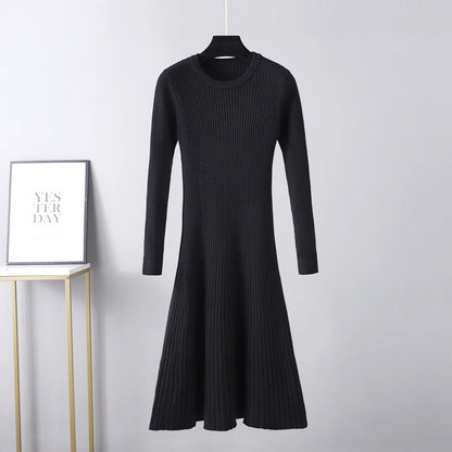 Vestido ajustado de otoño-invierno para mujer, vestido de longitud media, cuello redondo, color liso, prenda interior, suéter básico, vestido de corte A
