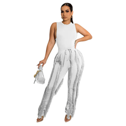 Conjunto de dos piezas para mujer, pantalón con borlas, sin mangas, informal, de encaje, sexy, para verano