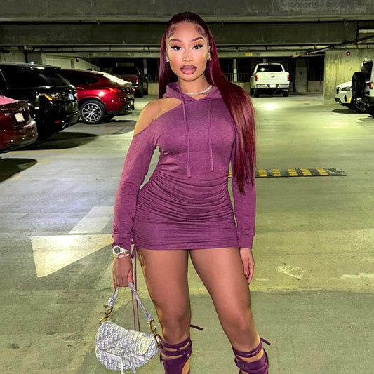 Vestido ajustado con hombros descubiertos y cordón en color liso de otoño para mujer