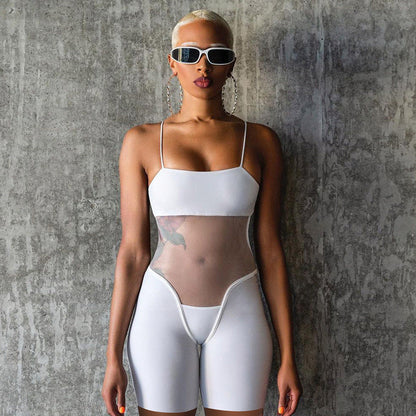 Mono de verano sexy con espalda descubierta y corte ahuecado con costuras transparentes de malla especial para mujer