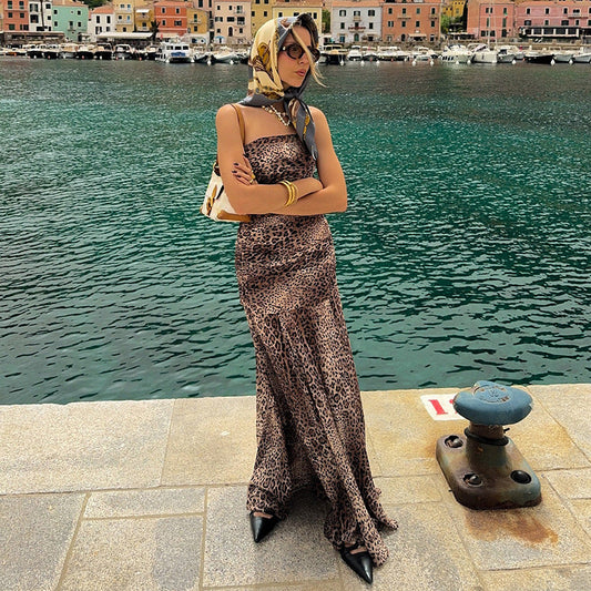 Summer Women Leopard Print Tube Top Dress Street Sexy Sexy Waist Trimming Package Hip A line Vacation Dress