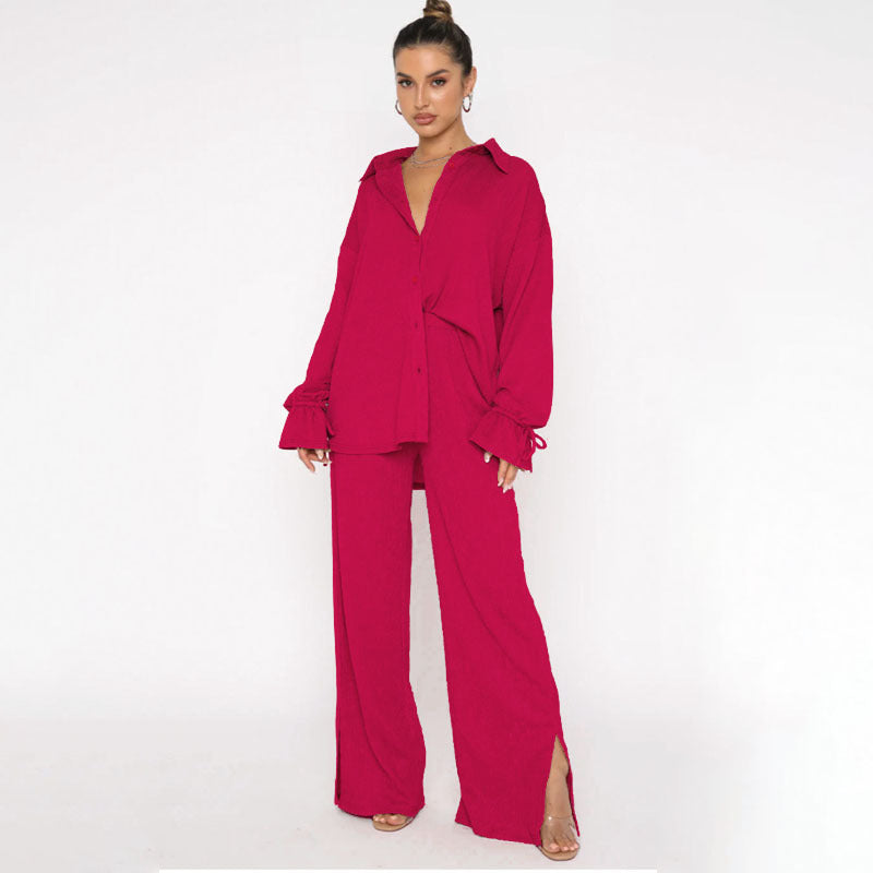 Traje de pantalón elegante para mujer, top de manga larga con lazo y cuello polo de color liso para otoño e invierno
