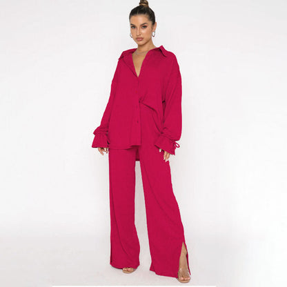 Traje de pantalón elegante para mujer, top de manga larga con lazo y cuello polo de color liso para otoño e invierno