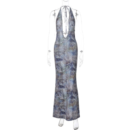 Vestido de otoño con estampado sexy, sin espalda, ajustado, con abertura y cordones para mujer