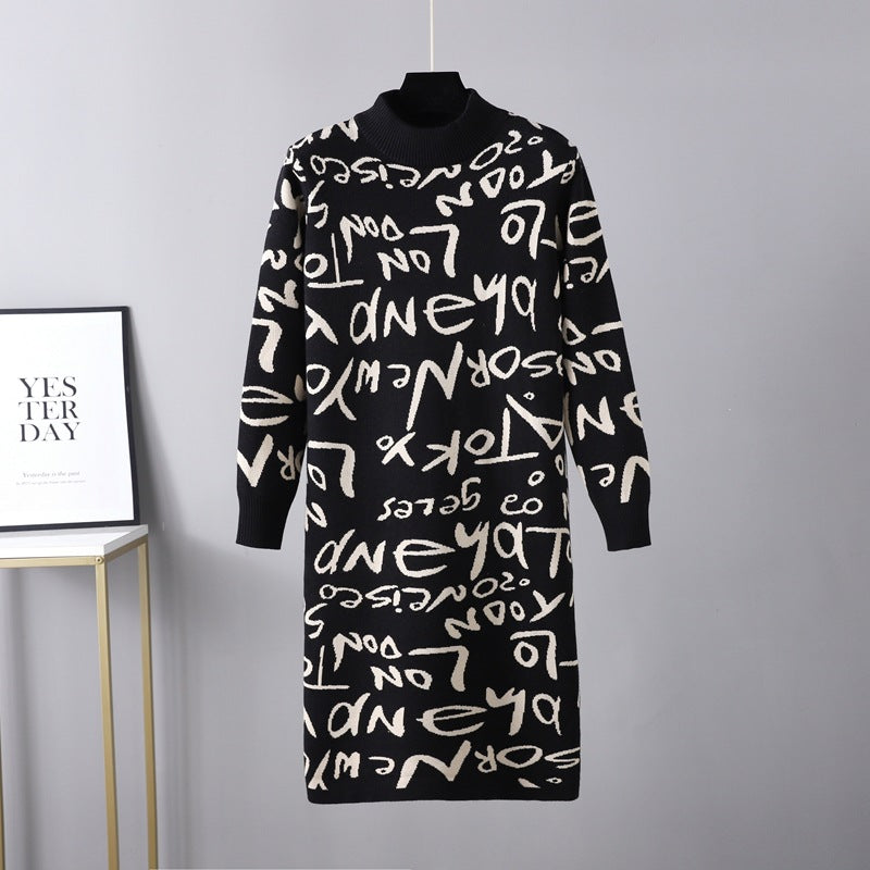 Ropa de mujer Otoño Invierno Jersey de punto Manga larga Letras gráficas Graffiti Suéter Vestido