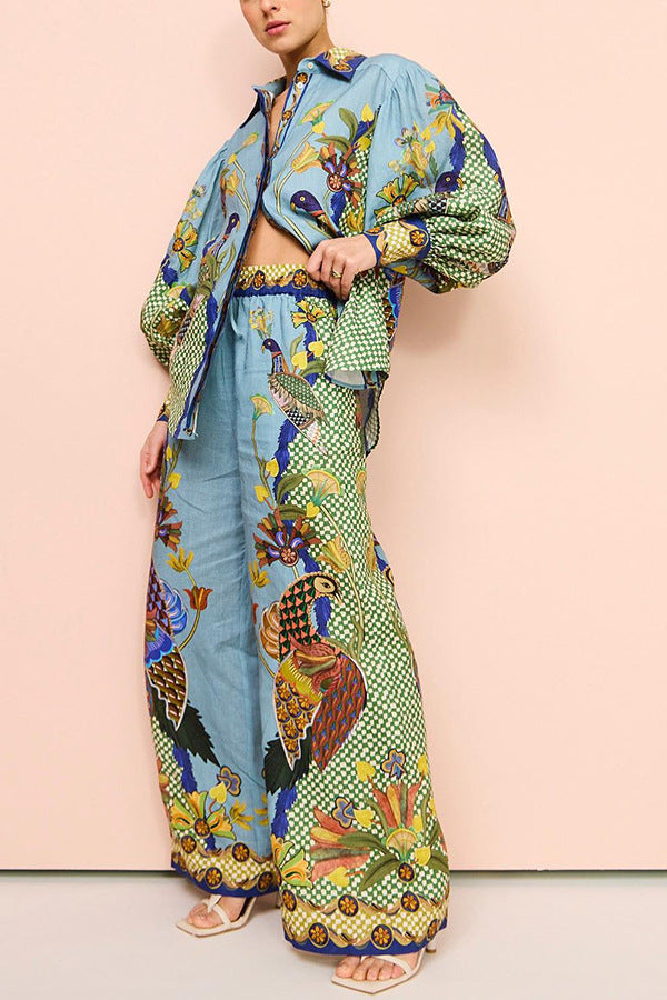 Traje de dos piezas de encaje con mangas abullonadas y estampado personalizado de otoño para mujer, artesanía amplificada