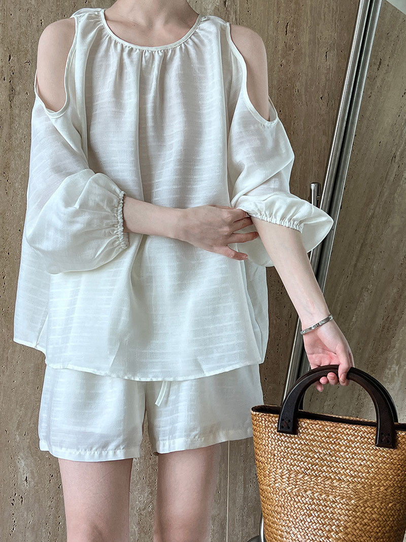 Conjunto de dos piezas de traje de verano con parte superior de tencel con aberturas en los hombros y protección solar