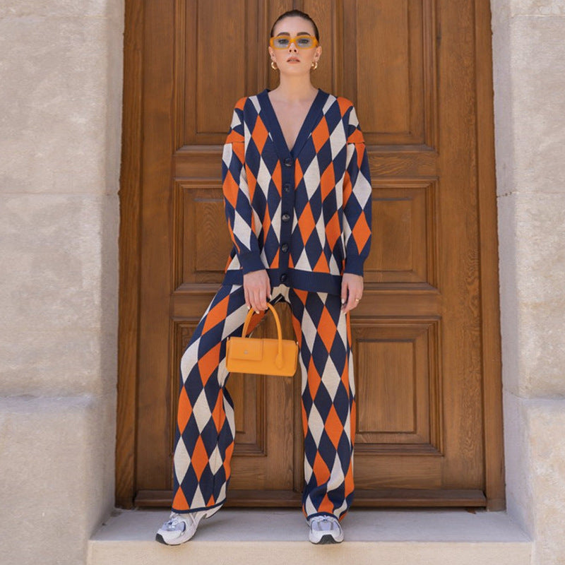Cárdigan de punto con rombos abstractos geométricos para mujer, suéter informal holgado de una sola botonadura, pantalones de dos piezas para otoño e invierno