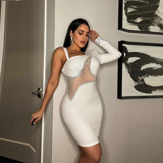 Vestido sexy ajustado de malla con diamantes de imitación para discoteca