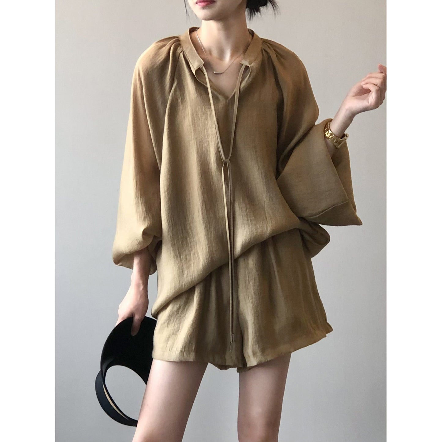 Camisa de manga larga de verano para mujer, pantalones cortos de pierna ancha