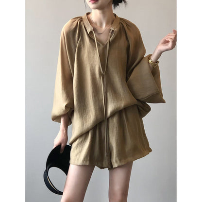 Camisa de manga larga de verano para mujer, pantalones cortos de pierna ancha