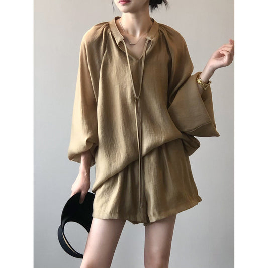 Camisa de manga larga de verano para mujer, pantalones cortos de pierna ancha