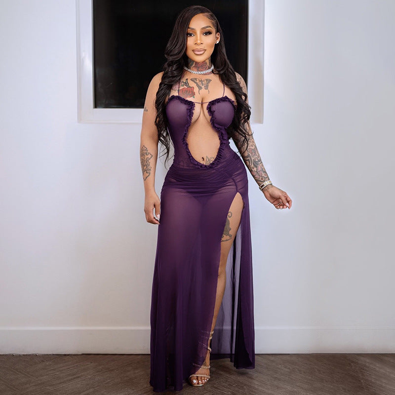 Vestido camisola de encaje plisado con aberturas para mujer
