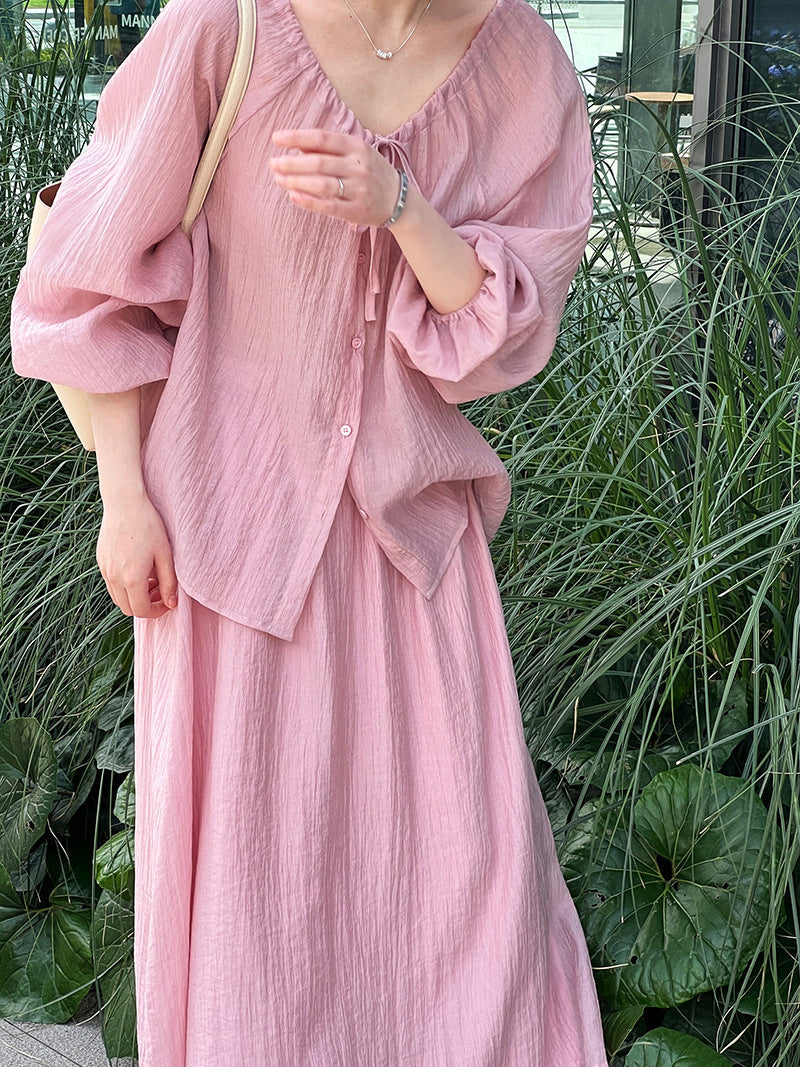 Conjunto de dos piezas de camisa y falda con protección solar plisada y encaje con cordón ajustable para vacaciones