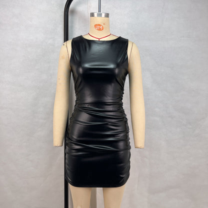 Vestido ajustado de mujer, ropa de color liso, sin mangas, plisado, cintura ajustada, adelgazante, de cuero, para discoteca