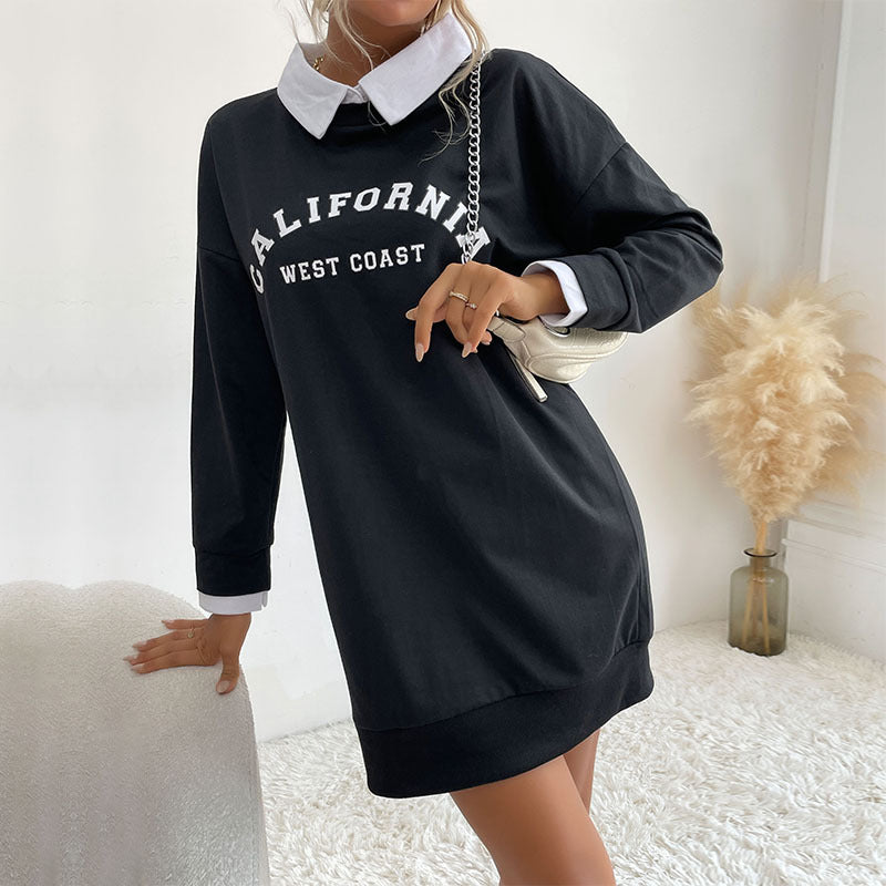 Vestido tipo suéter de manga larga con cuello y patchwork para mujer de otoño