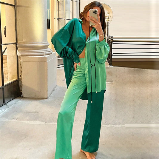 Conjunto de dos piezas de satén para primavera y verano, ropa para mujer con bloques de color, camisa extragrande, pantalones rectos informales