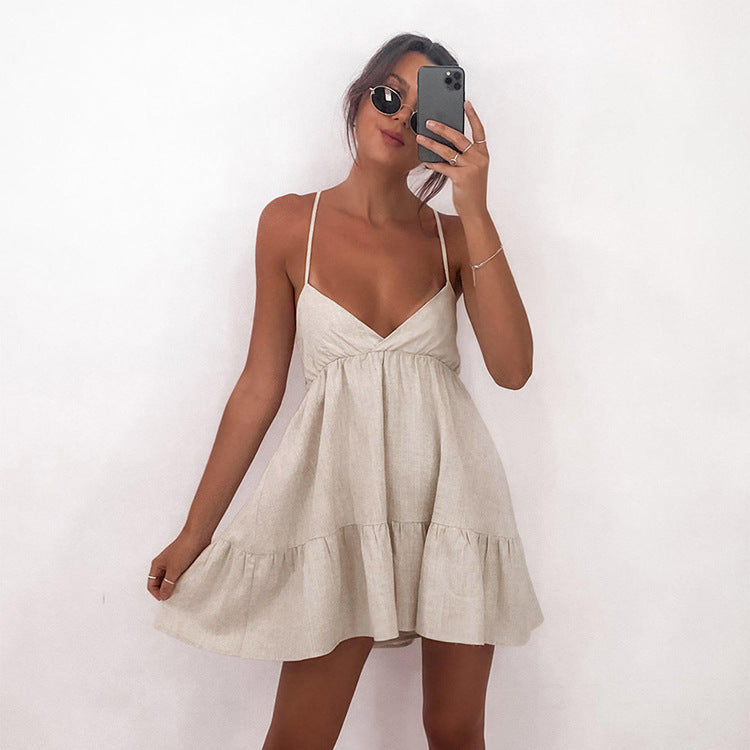 Vestido lencero de corte A retro de principios de primavera, sexy, plisado, de lino y algodón, con cuello en V