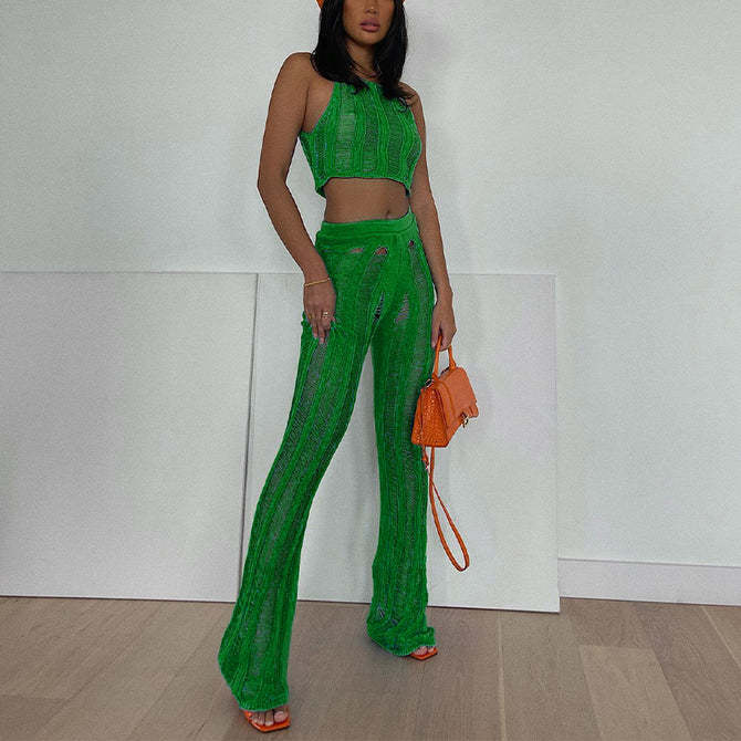 Traje de dos piezas de punto de color sólido, sexy, chaleco y pantalones, conjunto de dos piezas para mujer