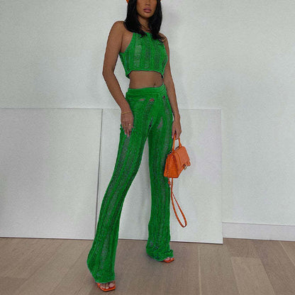 Traje de dos piezas de punto de color sólido, sexy, chaleco y pantalones, conjunto de dos piezas para mujer