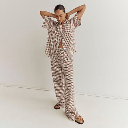 Conjunto de dos piezas formado por camisa de manga corta y pantalón con cordones, verano, para mujer
