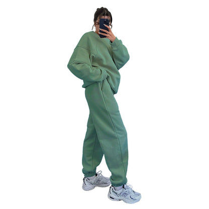 Suéteres de manga larga con cuello redondo y color liso para mujer, ropa informal, pantalones holgados, traje, otoño e invierno