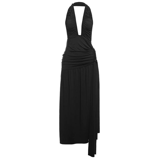Vestido elegante de otoño e invierno para mujer, con cuello halter, espalda descubierta, escote en V profundo, plisado y abertura alta.