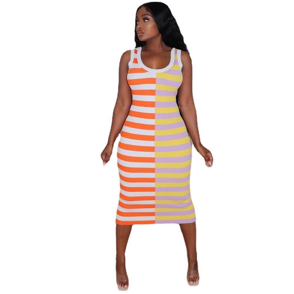 Vestido sexy sin mangas con cuello redondo y estampado a rayas para mujer de verano