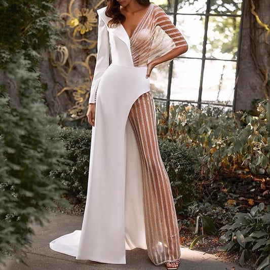 Vestido asimétrico irregular de encaje con cuello en V y retazos para mujer de primavera, mono de color liso