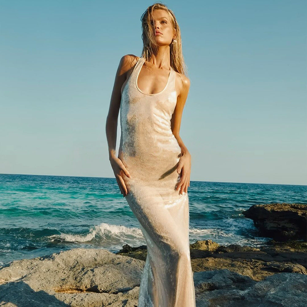 Vestido sexy de primavera para mujer, con tirantes finos, sin mangas, cuello en U, ajustado y lentejuelas