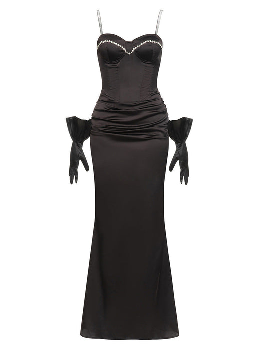 Vestido popular con tirantes, top sexy de tubo, cadena de diamantes, vestido de cola de pez con guantes.