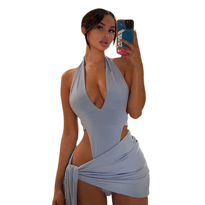 Ropa de verano para mujer, mono sexy con escote en V y espalda descubierta, falda a la cadera, conjunto para mujer