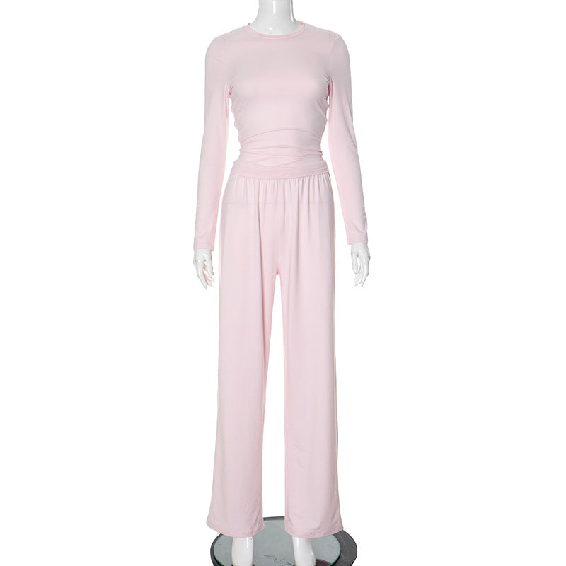 Conjunto de pantalones básicos de pierna ancha y manga larga con cuello redondo de color liso informal de otoño para mujer