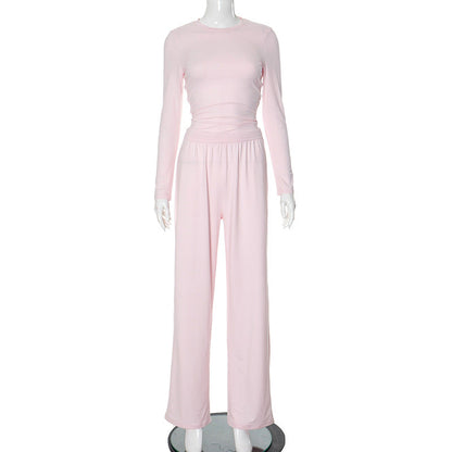 Conjunto de pantalones básicos de pierna ancha y manga larga con cuello redondo de color liso informal de otoño para mujer