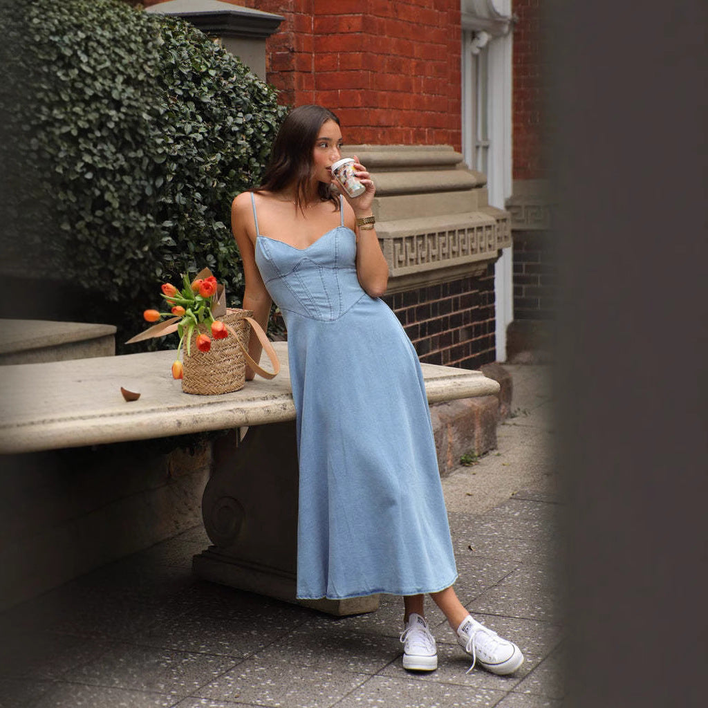 Vestido vaquero de imitación adelgazante con tirantes finos y sin mangas de colección de verano para mujer