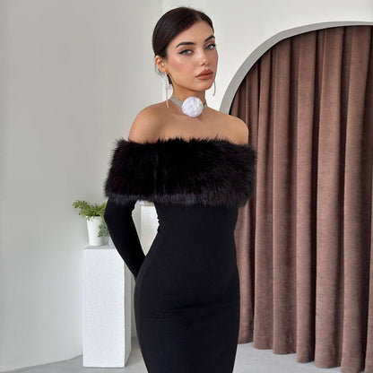 Vestido largo de otoño elegante con hombros descubiertos y cuello de piel ajustado para mujer