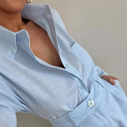 Conjunto de camisa de manga larga y pantalones cortos casuales para mujer