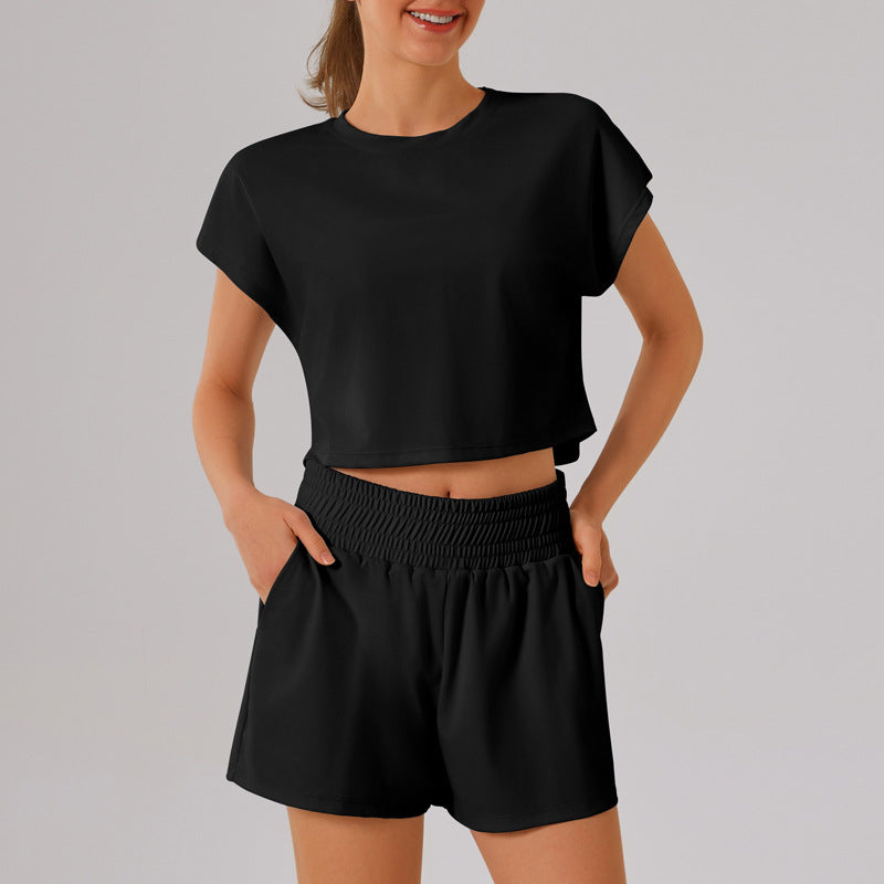 Solid Color round Neck Quick Dry Short Sleeved Top Faux Two Pieces Anti Exposure Shorts Loose Sports Yoga Fitness Set