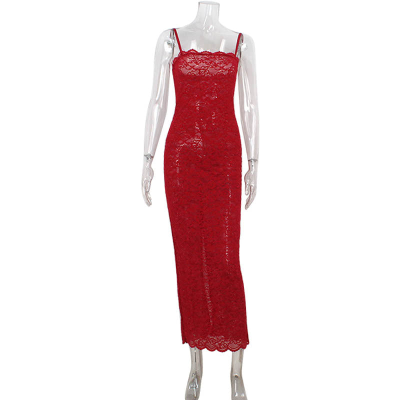 Vestido tubo de encaje rojo francés de alta calidad para mujer, vestido ajustado con tirantes