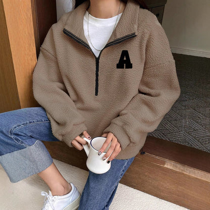 Sudadera Polar Fleece Otoño Invierno Suelta Manga Larga Suéter con Media Cremallera