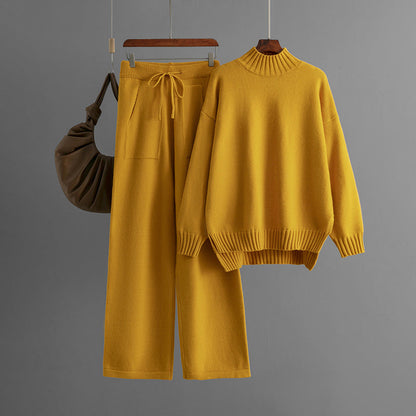 Traje de punto resistente al frío para mujer, suéter grueso y holgado, cuello medio alto, manga larga, traje de dos piezas para mujer